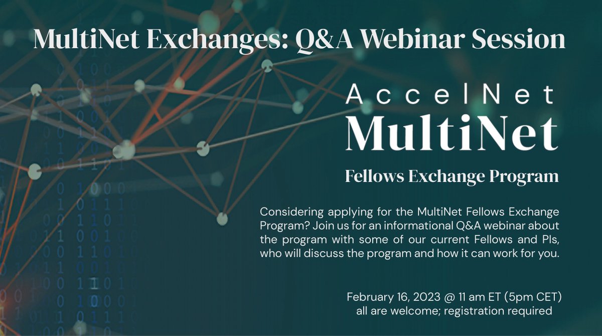 AccelNet-MultiNet (@multilayernets) on Twitter photo Are you considering applying for the MultiNet Fellows Exchange Program? Join us Thurs 2/16 for a Q&A webinar discussion. Exchanges can run from two weeks to one semester, and program awardees will receive travel and living stipends. <a href="/NUnetsi/">Network Science Institute</a> <a href="/IUNetSci/">IUNI</a> accelnet-multinet.org/education/mult… Are you considering applying for the MultiNet Fellows Exchange Program? Join us Thurs 2/16 for a Q&A webinar discussion. Exchanges can run from two weeks to one semester, and program awardees will receive travel and living stipends. <a href="/NUnetsi/">Network Science Institute</a> <a href="/IUNetSci/">IUNI</a> accelnet-multinet.org/education/mult…