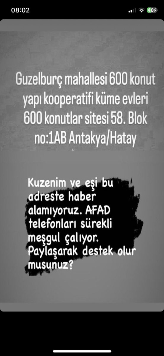 berfinogz's tweet photo. Güzelburç mahallesi 600 konut yapı kooperatifi küme evleri 600 konutlar sitesi 58.blok Antakya/ Hatay
0 541 674 29 25 
Göçük altından sesler geliyor bebek ağlaması sesi var termal kamera en az 7 kişi sağ diyor ama ekipman yok nolur yardım edin lütfen!!! @haluklevent @ahbaphatay https://t.co/2PV391UPMS