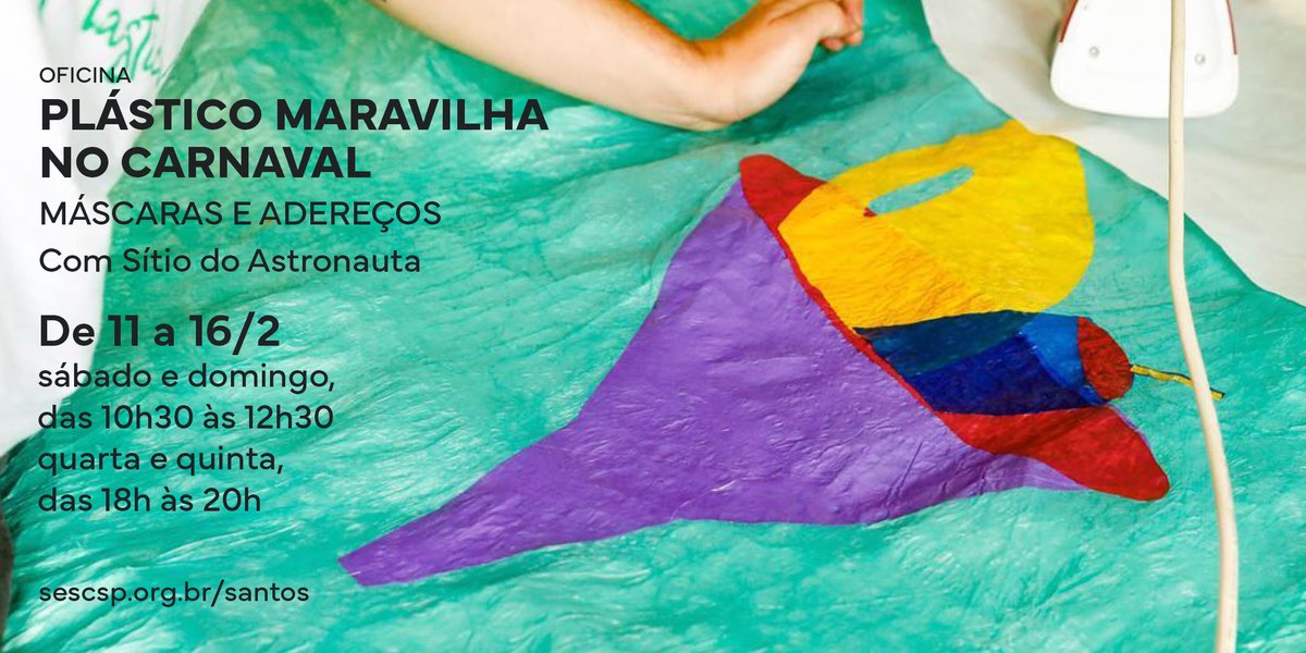 sescsantos's tweet photo. 📌 De 11/02 a 16/02
Sábado e Domingo das 10h30 às 12h30
Quarta e Quinta das 18h às 20h
Espaço de Tecnologias e Artes. 10 anos. Grátis
Entrega de senhas no local com 30 minutos de antecedência

#tecnologiaseartes #atelie #carnaval #reuso #reciclagem #sescsantos https://t.co/dy9V7xWvHm