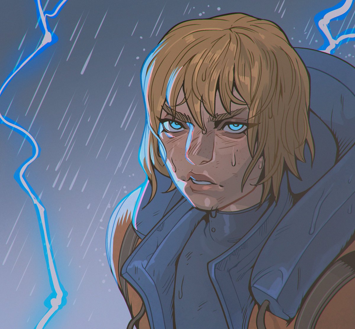 wattson (apex legends) 1girl solo blonde hair jacket blue eyes rain hooded jacket  illustration images
