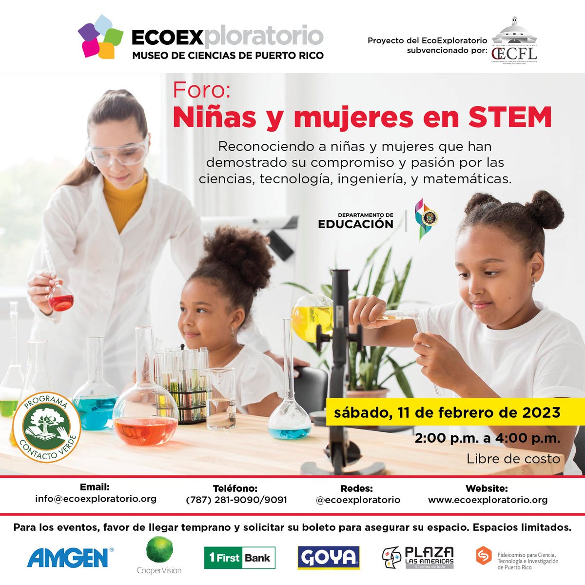 ECOEXPLORATORIO's tweet photo. [SÁBADO] Foro: Niñas y mujeres en STEM.
 📅sábado, 9 de febrero de 2023
 ⏰2:00pm a 4:00pm
 💰Libre de costo
 📍EcoExploratorio, 2do nivel de Plaza Las Américas
#cienciadivertida #mimuseopr #stem #niñasymujeres https://t.co/yjUbQKPQYp