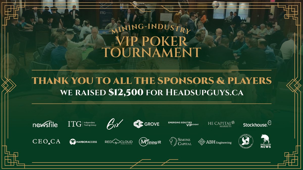 Thank you to the amazing companies and investors who took part in the Mining Industry VIP Poker Tournament hosted by <a href="/investorevent/">Teresa Carr🎐♂🏇</a> and sponsored by #6ix to raise money for <a href="/HeadsUpGuys/">HeadsUpGuys</a>.

What was your favourite part of it? Let us know.

#VRIC #pokertournament