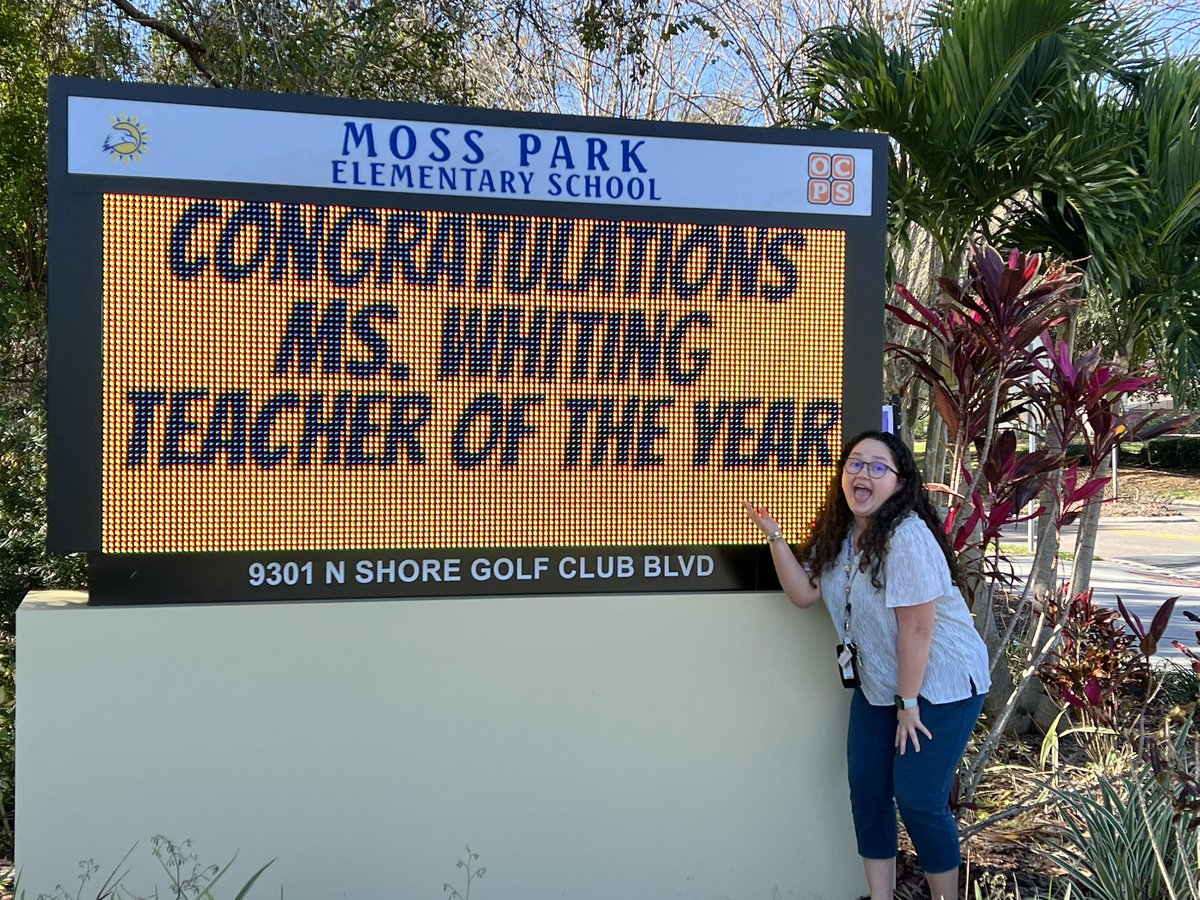 MossParkES_OCPS's tweet photo. Couldn’t wait until Friday Night #StellarAwards to tweet about our #TOY and #SPOY - 3rd Grade teacher Ms. Whiting and TSR Ms. Bravo - so we fired up our fancy new marquee with these messages. @OCPSnews @Southeast_OCPS @clindlau https://t.co/v8OzbvrlQX