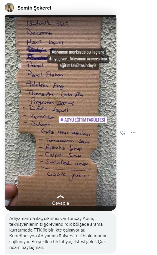 Adıyamanda ilaç ihtiyacı. <a href="/AFADBaskanlik/">AFAD</a> <a href="/DepremDairesi/">AFAD Deprem</a> <a href="/ahbap/">Ahbap</a>