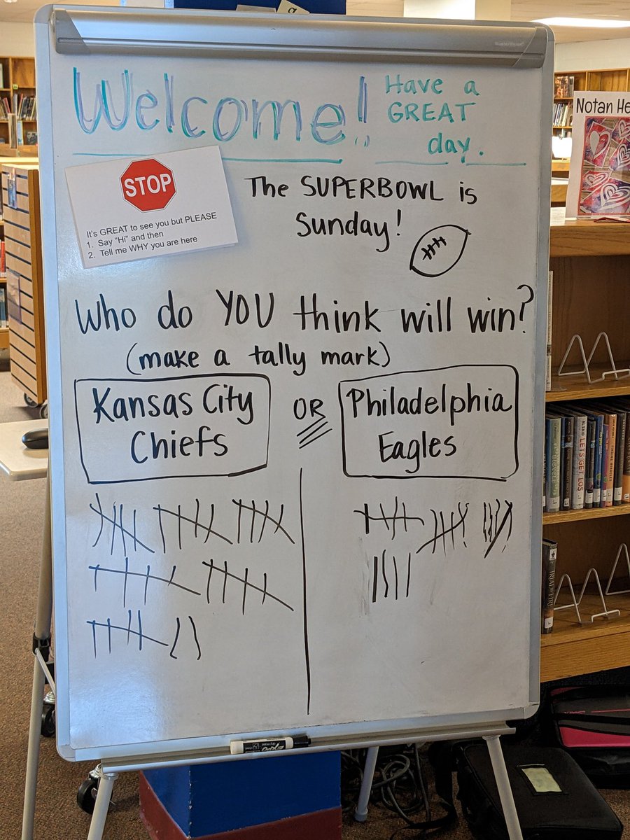 Who do you think will win? Tomorrow is the last day to check out a book so you can put your name on the Superbowl board for a chance to win a prize! <a href="/NMMSLibrarian/">Jessica Snyder</a> #newportmiddleschool <a href="/MCPSSLMP/">MCPSSLMP</a>