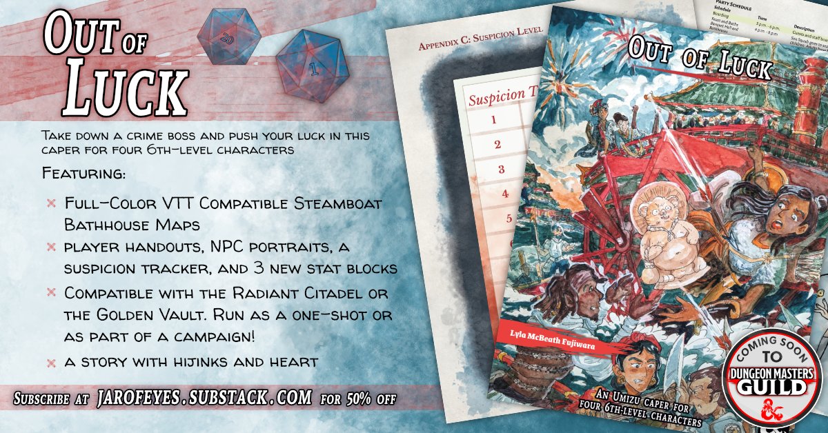CeruleanOtter's tweet photo. Coming Feb 16 to @dms_guild, my first full #dnd5e adventure, Out of Luck, a Radiant Citadel heist brimming with loyalty and fortune. This project was a labor love--let me tell you about it! Sneak peek pics below! 🧵 1/10 https://t.co/vSjQO4jX77