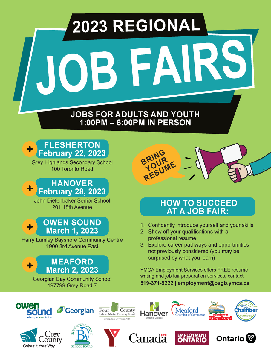 Regional #JobFairs are back for 2023!

Full-time, part-time &amp; seasonal positions will be available for adults &amp; youth. Bring your resume, connect &amp; apply in-person.

We'll see you there!

Learn more: grey.ca/job-fair