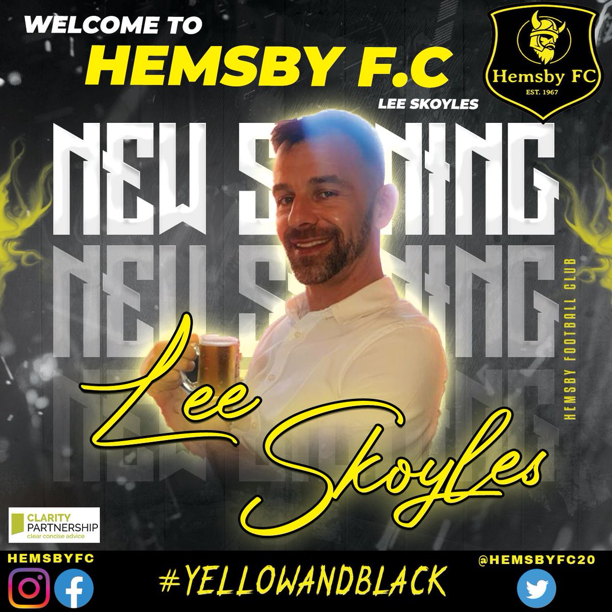 HemsbyFC20's tweet photo. 🟡⚫️NEW SIGNING⚫️🟡
We are pleased to announce the signing of Lee Skoyles to Hemsby F.C.
Welcome to the club Lee 🟡⚫️
#hemsbyfc #nonleaguefootball #newsigning #mtselectrical #claritypartnership #leeskoyles https://t.co/LgsmT37n2U