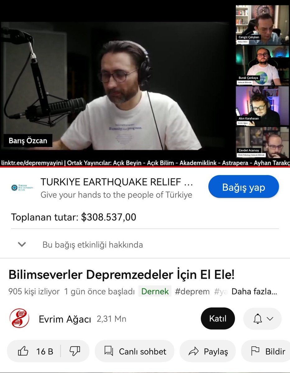 YouTube'daki bilim yayıncıları deprem yardımı toplamak için 26 saati aşkın süredir kesintisiz ortak yayın yapıyorlar. Şimdiye kadar 300 bin doların üzerinde bağış toplamışlar ve hepsini <a href="/ahbap/">Ahbap</a> gibi kuruluşlara aktaracaklar. Yayın, bir süre daha 24 saat aralıksız devam edecek