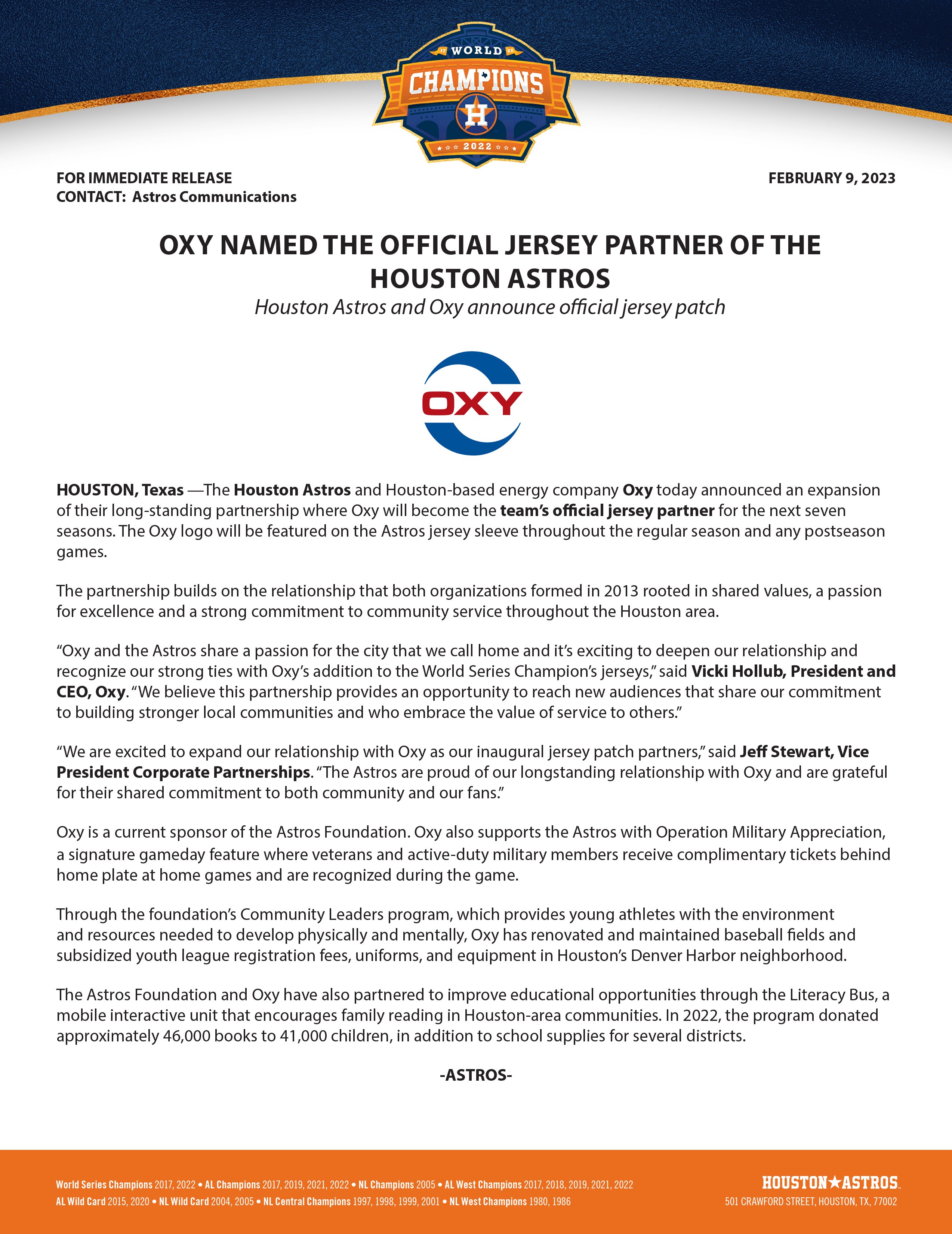 Press release: Oxy Named the Official Jersey Partner of the Houston Astros