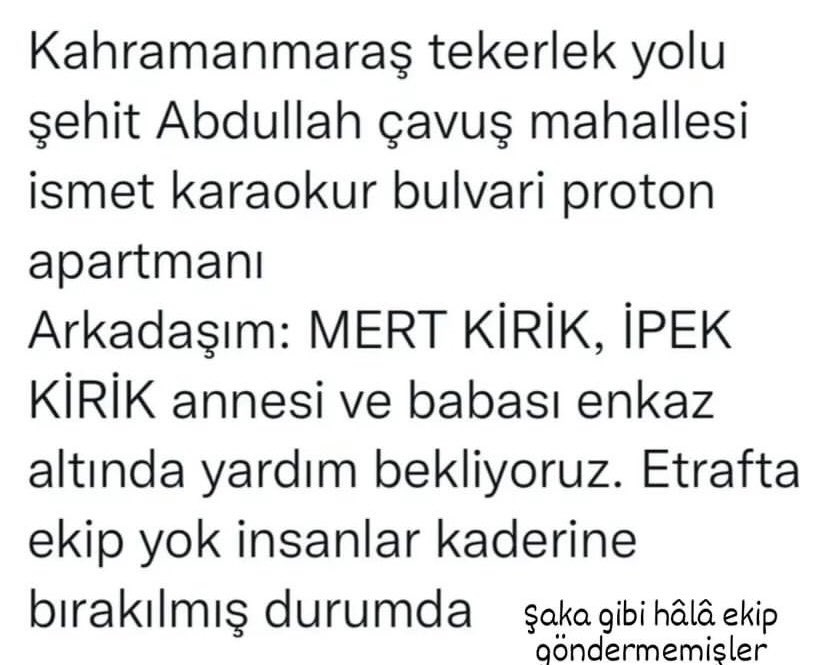 thesezzly's tweet photo. @avokadoyesilii1 3 gunu gecti ses var ama calisma durdurulmus afada vinc getirmisler reddetmisler bizim her seyimiz var diyip ne olur bir sey yapin ve oraya vinc lazim su anda icerden sesler geliyor https://t.co/jAJ5s6hnMq