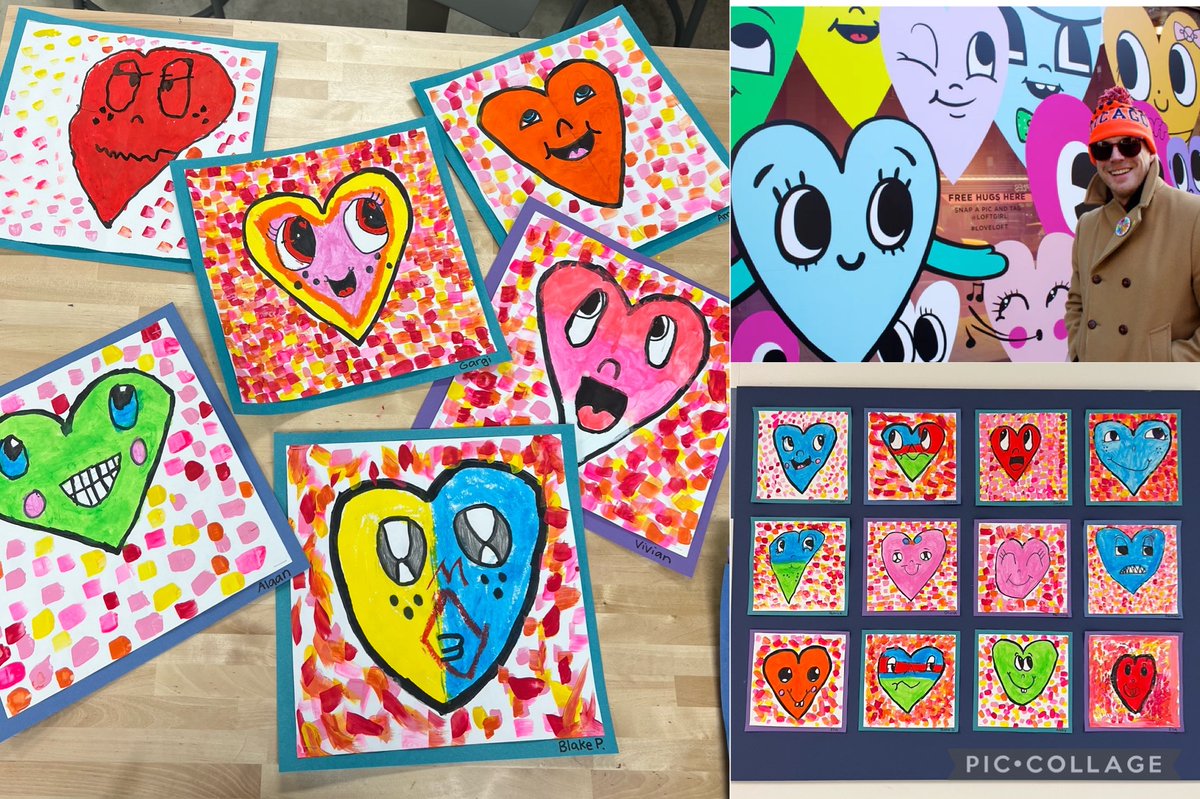 troyunion_art's tweet photo. Second and third grade artists created these happy hearts inspired by the work of Chris Uphues! They definitely make me smile ♥️🧡💛😄. https://t.co/Ypt2AGifSQ