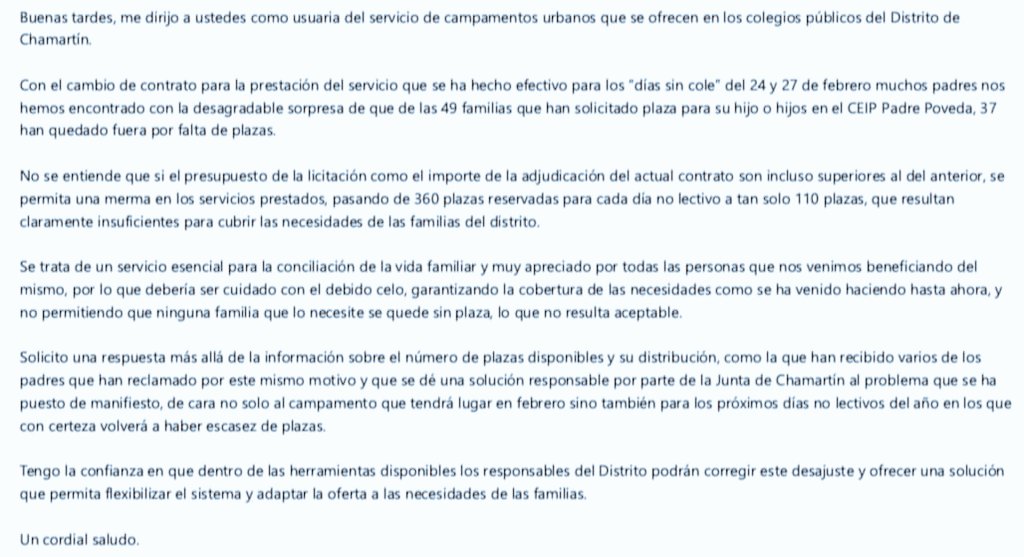 CarlosBarrioJ's tweet photo. Hola @MADRID y @JMDChamartin.
¿Podéis ayudarnos con esta petición?
¿Más dinero en el presupuesto y se pasa de 360 a 110 plazas? https://t.co/AhM51grdbu