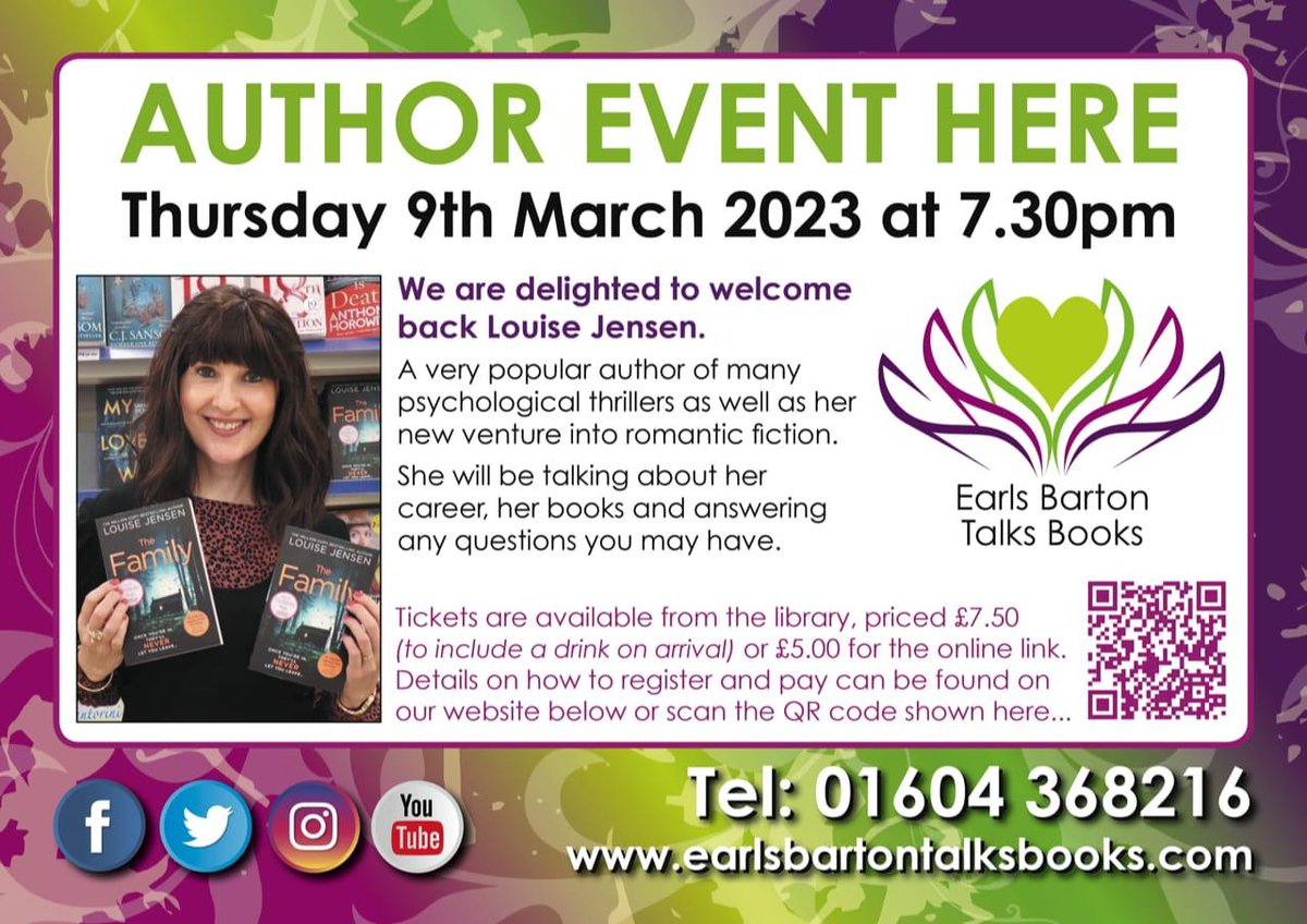 EBLibrary's tweet photo. We are so excited that @Fab_fiction  is coming to visit us on 9th March! Get your tickets from Earls Barton Library. Don't miss out!
#EBLibraryCC #NorthantsLibraries #LouiseJensen https://t.co/umzYkkIwSM