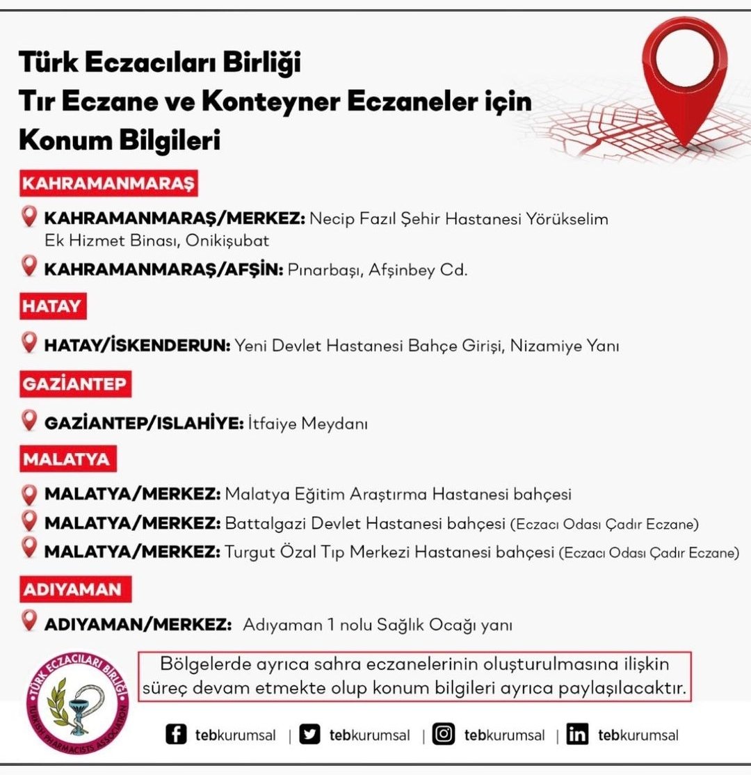 <a href="/TuncayTursucu/">Tuncay Turşucu</a> <a href="/AFADBaskanlik/">AFAD</a> <a href="/DepremDairesi/">AFAD Deprem</a> <a href="/ahbap/">Ahbap</a> Türk eczacıları birliği organize ediyor Tuncay bey.  Gerekli ilaç depo aracılığıyla gönderiliyor.. <a href="/tebkurumsal/">Türk Eczacıları Birliği</a>