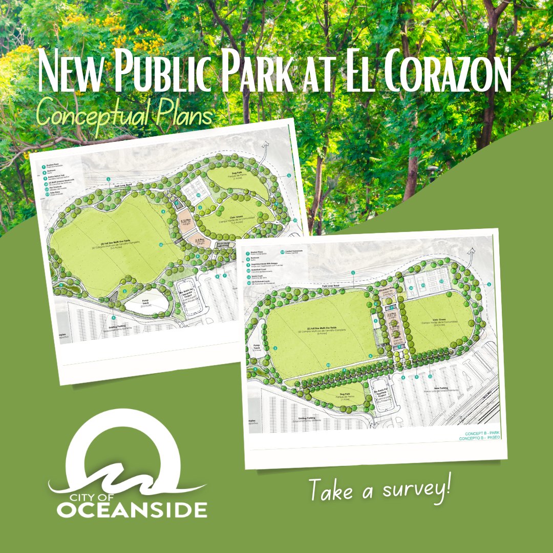 CityofOceanside's tweet photo. We're planning for a new public park at El Corazon🌳 Get more info., view the conceptual plans, and take a survey: https://t.co/c9cMj5f2r2

#OceansideCA #ElCorazonPark1 #InputNeeded https://t.co/f1GzgGLVAe