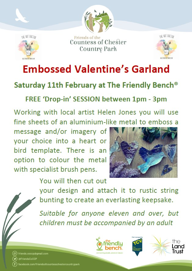 Friends of the Countess of Chester Country Park (@friendscoccp) on Twitter photo Another free Art in the Park event in <a href="/CountessPark/">Countess of Chester Country Park</a> .. this Saturday afternoon try your hand at making an embossed metal garland (doesn't have to be for Valentine!) No need to book in, just get yourself along to the <a href="/Friendly_Bench/">The Friendly Bench®️</a> between 1pm & 3pm
<a href="/ShitChester/">12 years of Shitchester</a> <a href="/welovegoodtimes/">We Love Good Times™</a> Another free Art in the Park event in <a href="/CountessPark/">Countess of Chester Country Park</a> .. this Saturday afternoon try your hand at making an embossed metal garland (doesn't have to be for Valentine!) No need to book in, just get yourself along to the <a href="/Friendly_Bench/">The Friendly Bench®️</a> between 1pm & 3pm
<a href="/ShitChester/">12 years of Shitchester</a> <a href="/welovegoodtimes/">We Love Good Times™</a>