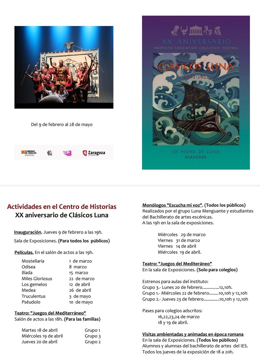 Hoy hemos asistido a la inauguración de la exposición que conmemora en XX aniversario del proyecto educativo teatral colectivo CLÁSICOS LUNA. Ha sido un acto muy emotivo 😍🎭🥂. 
Aquí dejamos el programa de los actos que se desarrollarán hasta el 28 de mayo. No os lo perdáis.