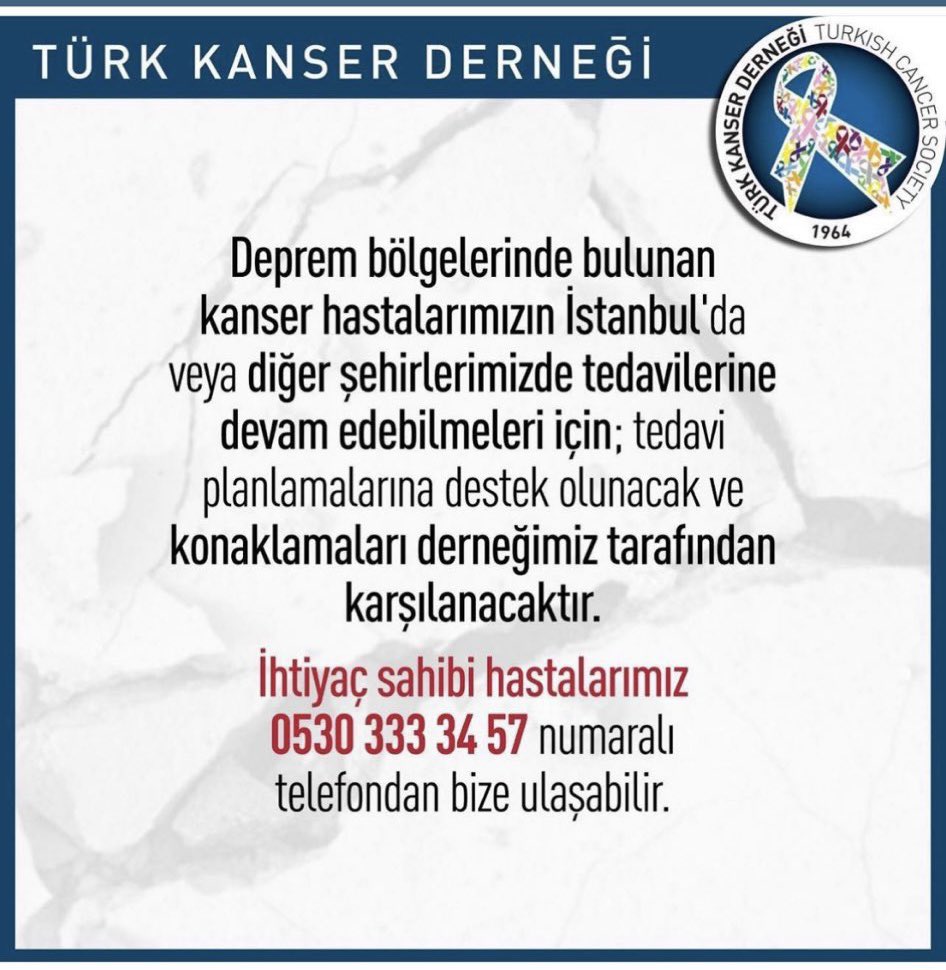 timblnt's tweet photo. Deprem bölgesinde kanser hastalarının tedavilerinin devam edilebilmesi için sevklerini organize edecek Türk Kanser Derneği ile iletişim: 

0530 333 34 57 https://t.co/ci2liwUrGX