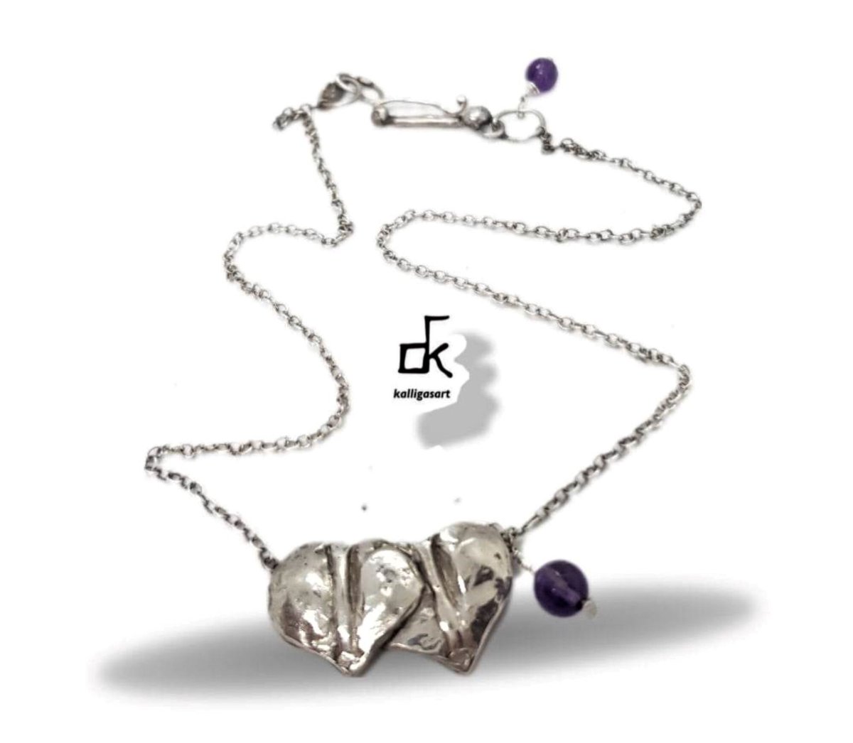 my #etsy shop: Silver 925 heart Necklace with Amethyst gemstone, Handmade Sculptural by Ancient Technique, Valentines art jewel, perfect gift for her etsy.me/3DRLiET #silvernecklace #lovefriendship #valentinejewelry #giftforher #gemstonejewelry #fashionjewelry