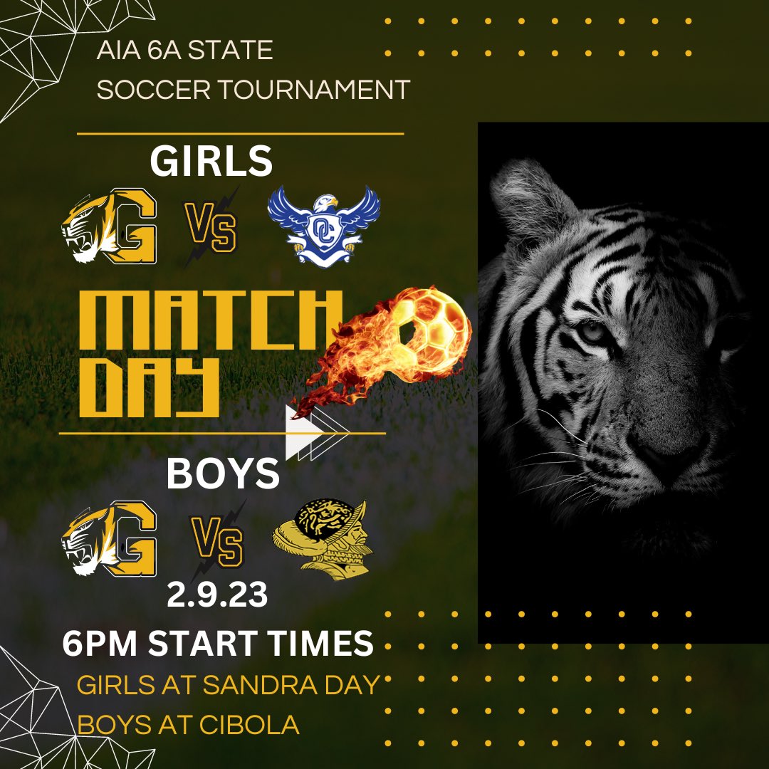Girls and Boys Soccer compete this evening in the AIA 6A State Tournament. The girls play at Sandra Day O’Connor HS and the boys take the trip to Cibola HS. Good luck to both programs! ⚽️🐯#TigerStrong