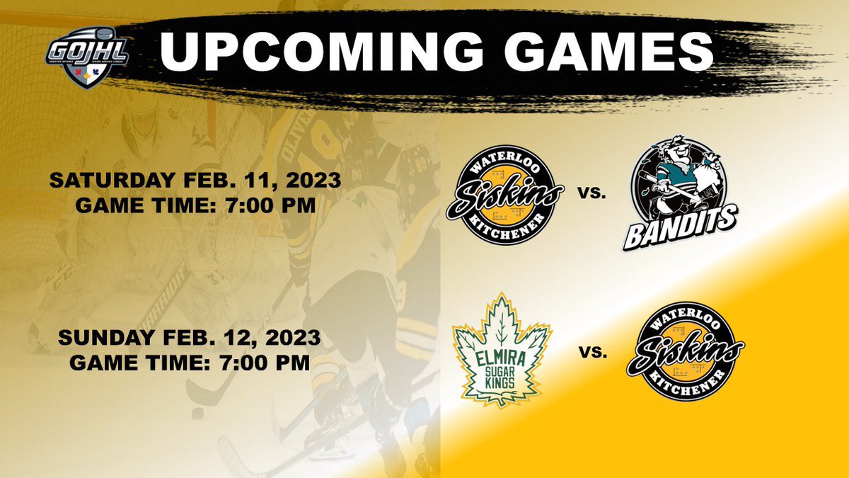 Your @KWSiskins play two big games this weekend starting on Saturday night when they play the <a href="/BanditHockey/">Brantford Bandits</a> Sunday sees the <a href="/SugarKings/">Elmira Sugar Kings</a> head to Waterloo for a 1:30 PM game