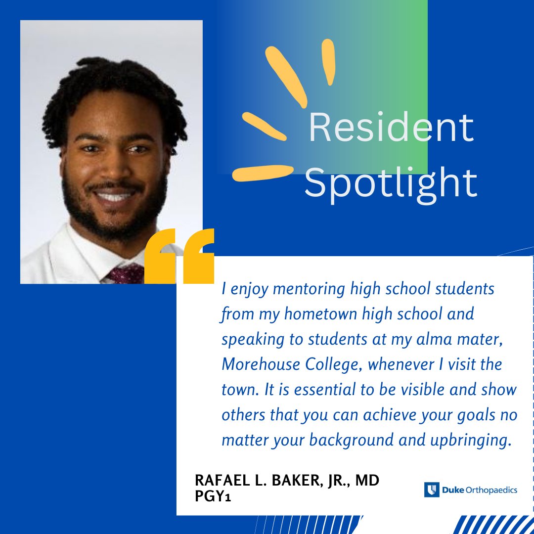 DukeOrtho's tweet photo. Be inspired! Meet @DukeOrtho Resident, Rafael L. Baker, Jr., MD, and learn how he mentors youth within the community about a career in medicine and science. #dukesom #dukemed https://t.co/SuRekTdLdp https://t.co/8ut4gbj6fO
