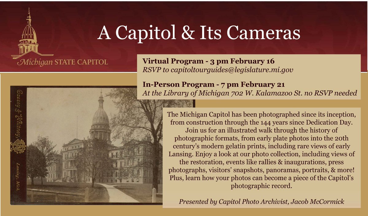 MIStateCapitol's tweet photo. If a picture is worth a thousand words, then the #mistatecapitol photo collection can tell a lot of stories! In our next program we’ll be sharing some of these stories! RSVP to our virtual lecture, Feb. 16. No RSVP needed to attend in-person, Feb. 21 at the #LibraryofMich. https://t.co/2cjJAaF6cN