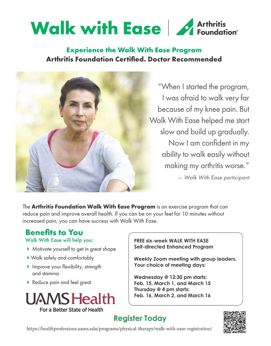 UAMSNWCampus's tweet photo. Registration is now open for Walk with Ease - a self-directed and free 6-week program that can reduce pain and improve health. Each group will be led by two UAMS Doctor of Physical Therapy students, who are Walk With Ease-certified. @uamschp #walkwithease
https://t.co/KCvgSitIrv https://t.co/BGsXYm571D