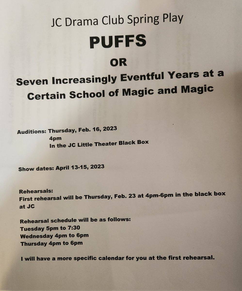 We have announced our spring play, which is Puffs! Auditions will be held at the JCHS Blackbox on 2/16. For any additional information, please contact gabrielle.wittenberger@jcschools.us or jordan.hart@jcschools.us! All JCHS students are welcome &amp; are encouraged to try out!