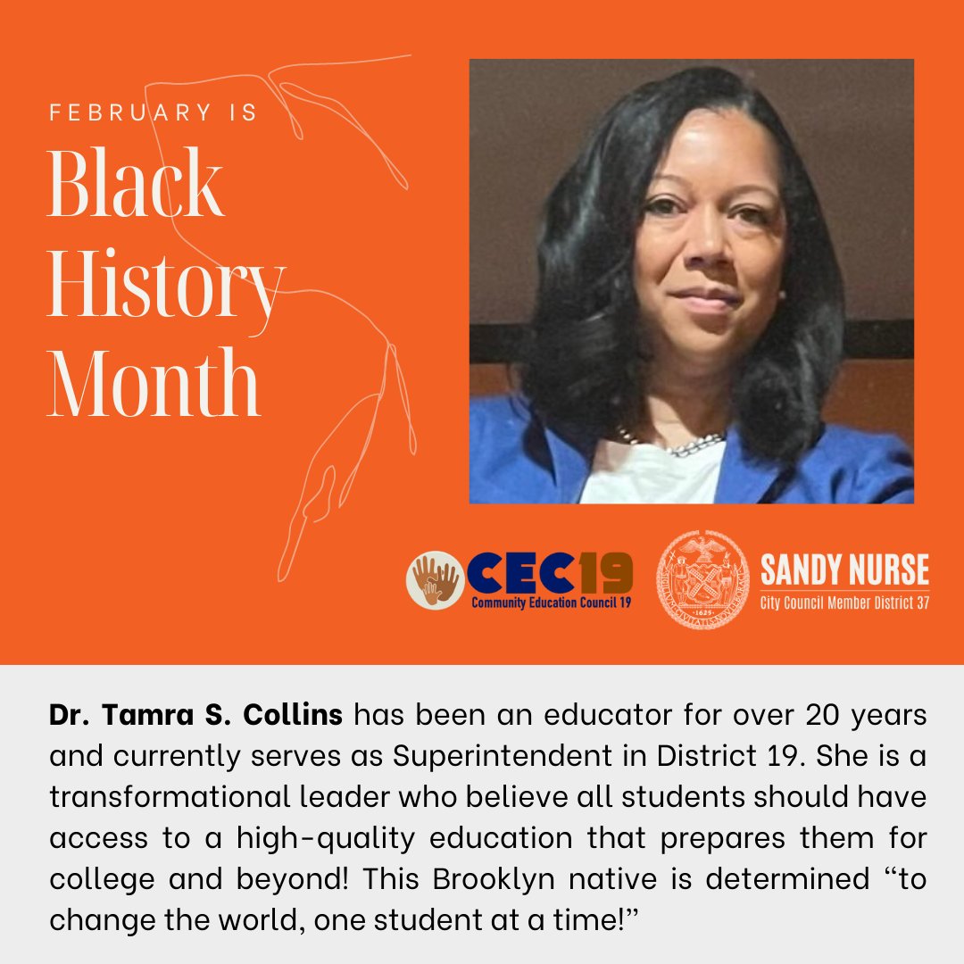 Council Member Sandy Nurse (@cmsandynurse) on Twitter photo 🧵February is Black History Month and today we would like to highlight Dr. Tamra Collins from <a href="/NYCDistrict19/">Community District 19</a>
She is focused on leadership development, academic achievement, social and emotional safety and building trust with our community. 🧵February is Black History Month and today we would like to highlight Dr. Tamra Collins from <a href="/NYCDistrict19/">Community District 19</a>
She is focused on leadership development, academic achievement, social and emotional safety and building trust with our community.