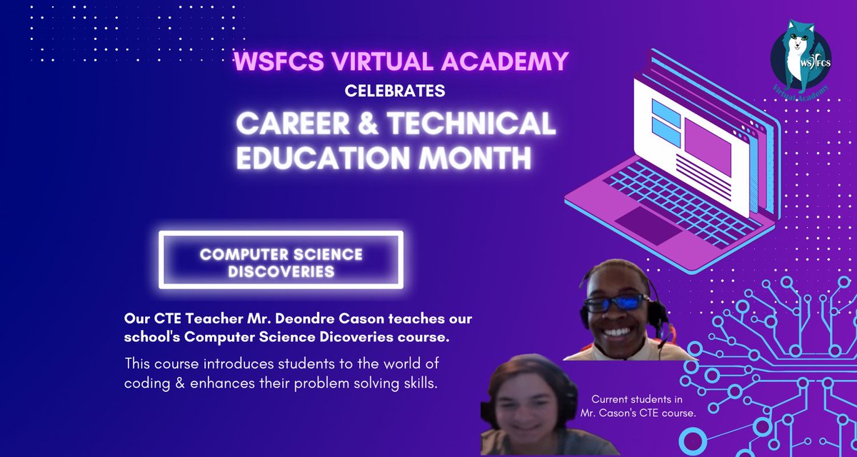 wsfcsvirtual's tweet photo. This month is #CTEMonth ! Our CTE teacher Mr. Deondre Cason teaches our school's Computer Science Discoveries course. We would like to thank you Mr. Cason for introducing our students to the world of coding which enhances their problem solving skills! #WSFCSVirtualAcademy #WSFCS https://t.co/ff4XEDwfKq