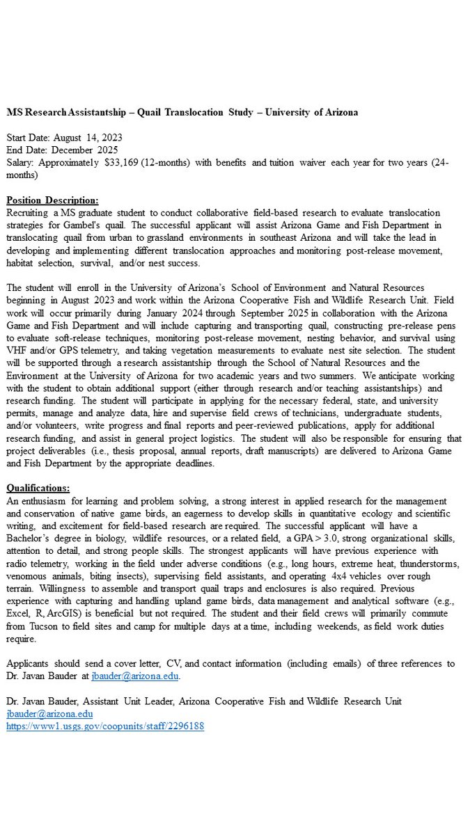 Announcement for one of two new MS assistantship opportunities in my lab at the U. Arizona with the AZ <a href="/USGSCoopUnits/">USGSCoopUnits 🐾 🎣</a>. This student will examine translocation strategies for Gambel’s quail in the grasslands of southeast Arizona. See attached description and please RT! <a href="/UASNRE/">UA School of Natural Resources and the Environment</a>