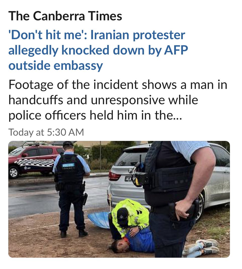 Yesterday there was a needlessly brutal arrest of an Australian Iranian protestor outside the Iranian Embassy in Canberra. After seeing the footage I can say there needs to be an urgent independent investigation of this violent arrest by AFP officers