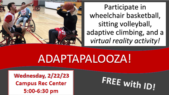 ISUKinesandRec's tweet photo. Free with ISU ID 🏀🏐‍
Join us in the SFC on Wed. February 22nd to experience inclusive recreation at the Annual Adaptapalooza! 
Adaptapalooza was created in 2015 by ISU TR students in order to offer people the tools &amp; resources to experience benefits of recreation without limits https://t.co/OZ2dpcHRdy
