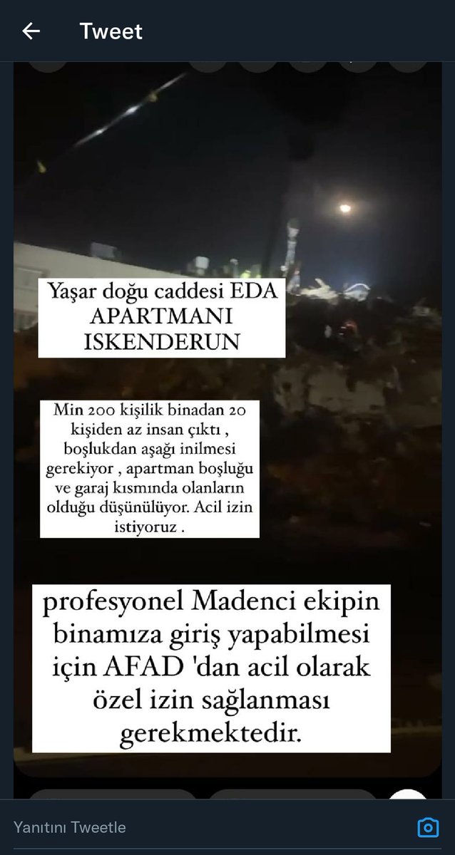 zeynepkhm's tweet photo. Eda apartmanı İskenderun
İçeride hala 200 kişi var 4 gündür çıkan insan sayısı 15 20. Bu kadar insan nerede. Hızlandırılması gerekiyor acilen lütfen #EdaApartmani #iskenderun #hatay
@AFADBaskanlik @DepremDairesi @ahbap https://t.co/JzhdCCEGYT