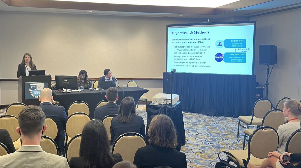 How many studies in vascular surgery use NASA data?! Excellent work by @elizabethfyates uncovering the relationship between hot weather and outcomes after carotid surgery at #ASC2023 @AcademicSurgery @LouisLNguyen @CSPH_BWH @BrighamVascular