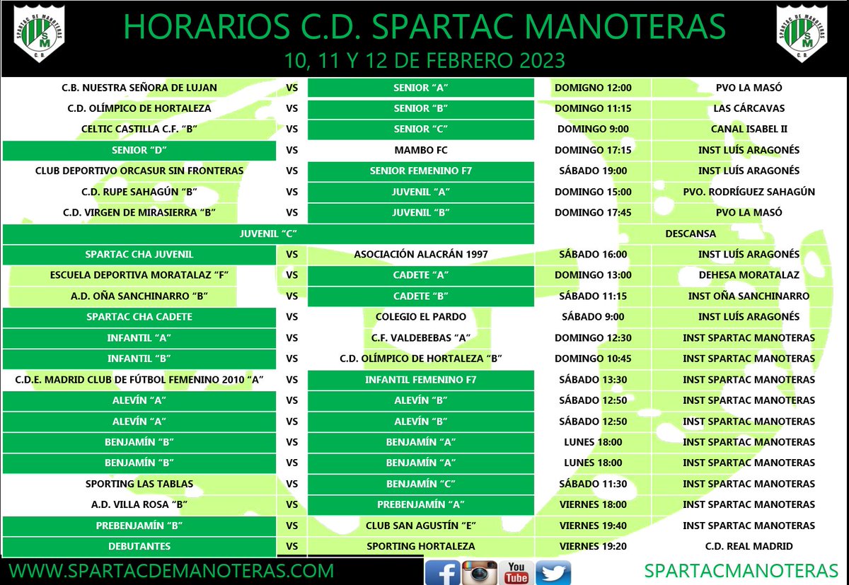 CDSpartacM's tweet photo. NUESTROS HORARIOS DE ESTE FIN DE SEMANA #VamosSpartac https://t.co/luIWvQWD4h
