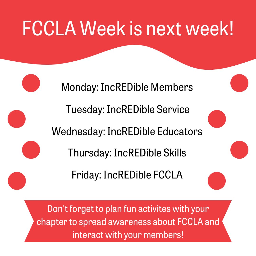 NCFCCLA's tweet photo. Hi, #NCFCCLA! Only 3 more days until #FCCLAweek. The NC SEC is excited for the #incREDible themes each day brings and all the celebratory activities that chapters engage in. Post about your chapter's fun and tag us for a chance to be reposted! #FCCLA #HaveAHeartTakePart https://t.co/45oBGGmQx0