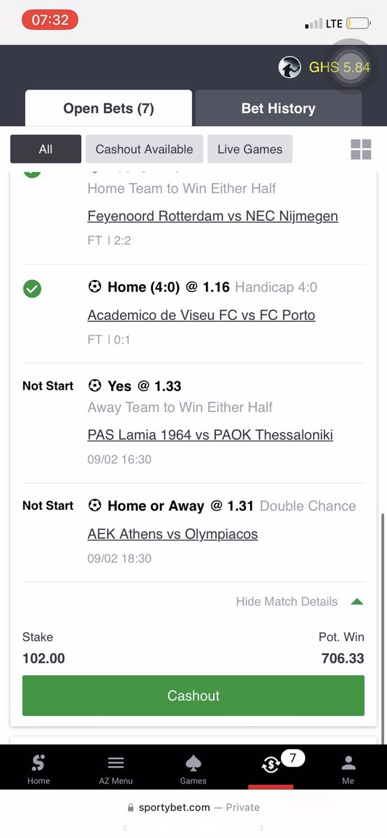 Hi <a href="/SportyBet/">SportyBet</a> <a href="/sportybetgh/">SportyBet Ghana</a> can you please explain to me why i went from a potential win of 706.33 to winning 513.33 while it was just 1 game that was voided (game was postponed)? Can’t seem to wrap my head around the maths!