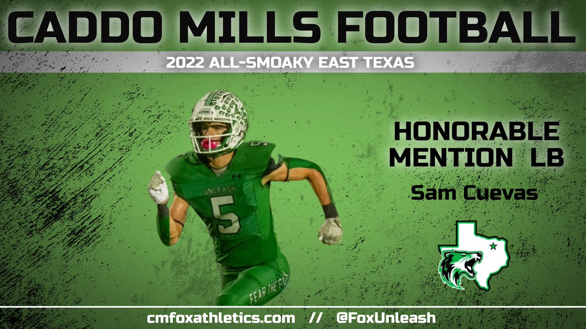 Congratulations to SAM CUEVAS <a href="/TheSamCuevas/">Sam Cuevas🖐🏻</a>  for being selected to 2022 ALL - SMOAKY EAST TEXAS TEAM. <a href="/luke__allison/">Luke Allison</a> <a href="/KodiCrane/">Kodi Crane</a> <a href="/CaddoMillsHS/">Caddo Mills HS</a> <a href="/CaddoClub/">Caddo Mills Athletic Booster Club</a> #UNLEASH <a href="/UNCOMMON/">Uncommon</a> #FEARTHEFOX #FOXFAST #DARKSIDE