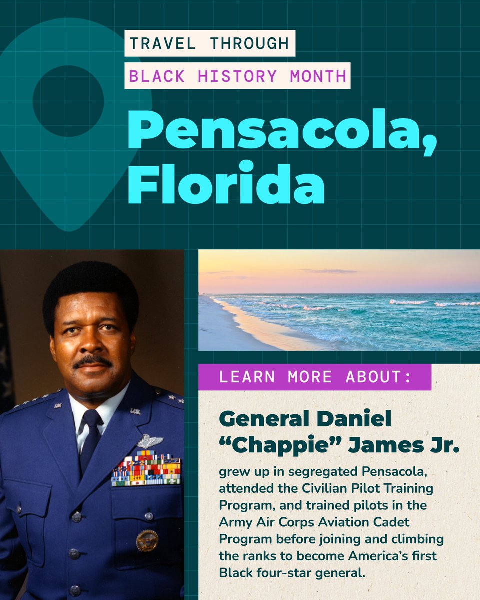 EvolveVR's tweet photo. Travel through Black History Month with us as we highlight destinations rich in Black history and culture — from legendary stories to Black-owned businesses.

In Pensacola, we’re eating Southern food 🍽️ exploring historic neighborhoods 🎨 and learning about “Chappie” James ⭐ https://t.co/aYBco0qjhB