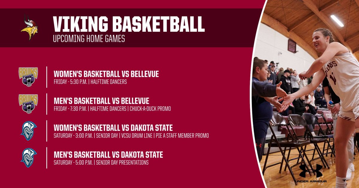 It's another full weekend of 🏀 at The Bubble!

On Friday, we have dancers &amp; the Chuck-A-Duck promo!

On Saturday, the Drum Line performs, students have a chance to pie a VCSU staff member in the face, &amp; we recognize 13 Viking Seniors!

Hope to see you there!
#VCSUVikingPride