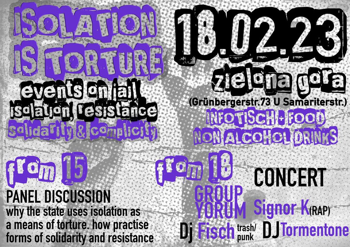 interabend's tweet photo. 👉🏽 »ISOLATION IST FOLTER«
📍#b1802 18.2.2023 #Berlin #Fhain ZielonaGóra GrünbergerStr73
💬 15⁰⁰ VERANSTALTUNG: Isolation = staatliches Mittel der Folter? Formen der Solidarität + Widerstand?
🎵 18⁰⁰ LIVE-MUSIK: Signor_K(Rap,Italien), Grup_Yorum(Political Turkish Folk) / +DJ's https://t.co/iMKDnxUQyA