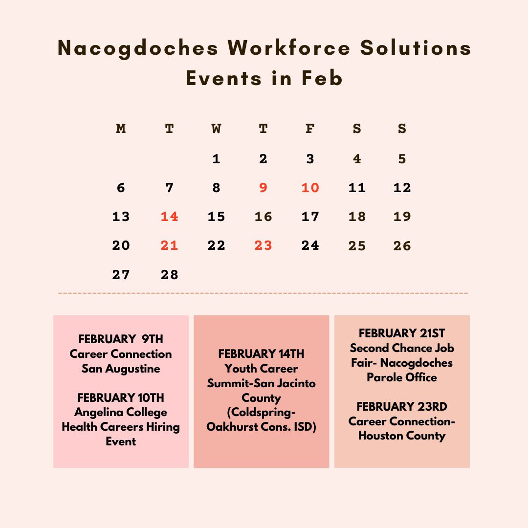 Nacogdoches Workforce Solutions is working with Career Connection, Angelina College, and Youth Career Summit to bring several events to you. To find more information go to detwork.org