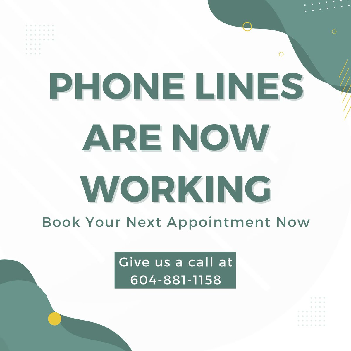 LifestyleHealth's tweet photo. Good Afternoon! Our phone lines are now fully functional. You can book your next appointment by calling us at 604-881-1158 😊 https://t.co/RtoPGiZSXq