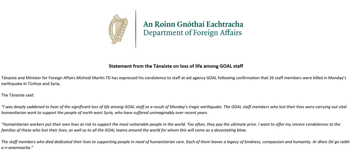 Statement from the Tánaiste on loss of life among @GOAL_Global staff