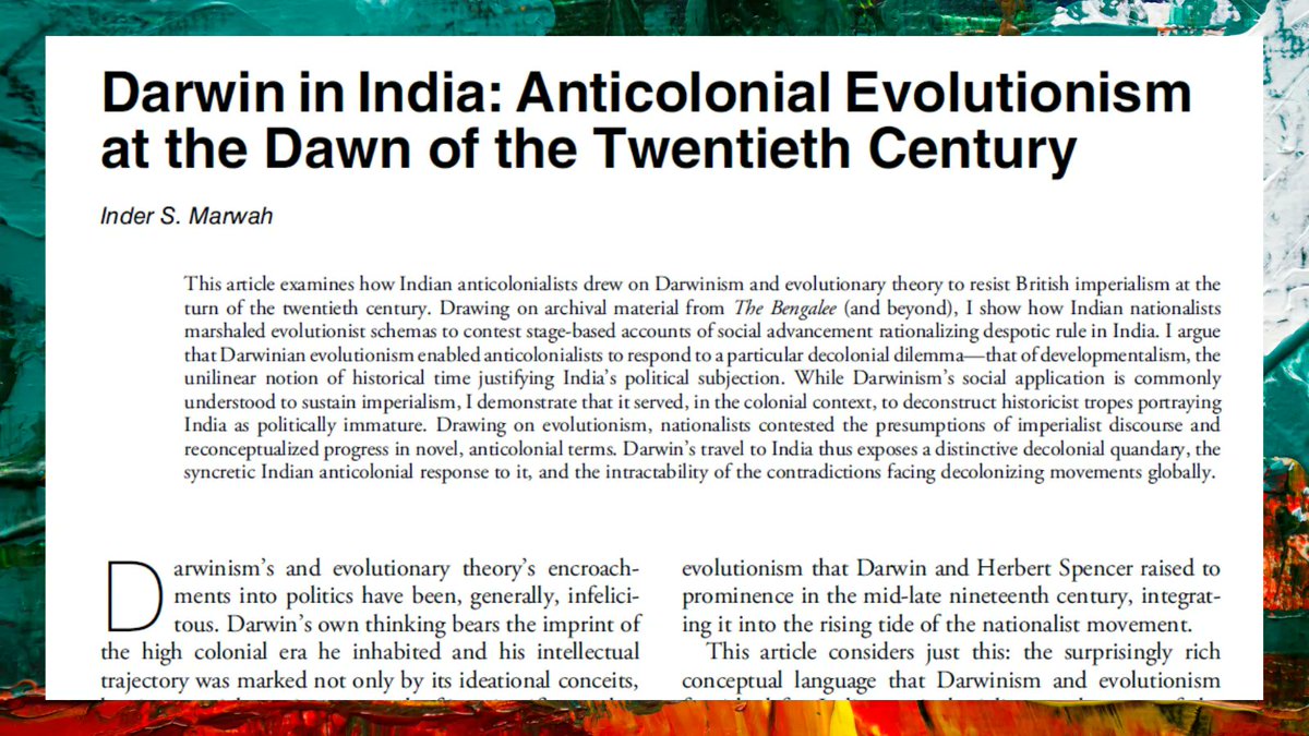 PoPpublicsphere's tweet photo. "This article examines how #Indian #anticolonialists drew on #Darwinism and #evolutionary #theory to #resist #British #imperialism.."

DARWIN IN INDIA: #ANTICOLONIAL #EVOLUTIONISM AT THE DAWN OF THE 20TH CENTURY

By Inder S. Marwah

https://t.co/O6A20x4x46

##OpenAccess https://t.co/yHR7VnKsP3