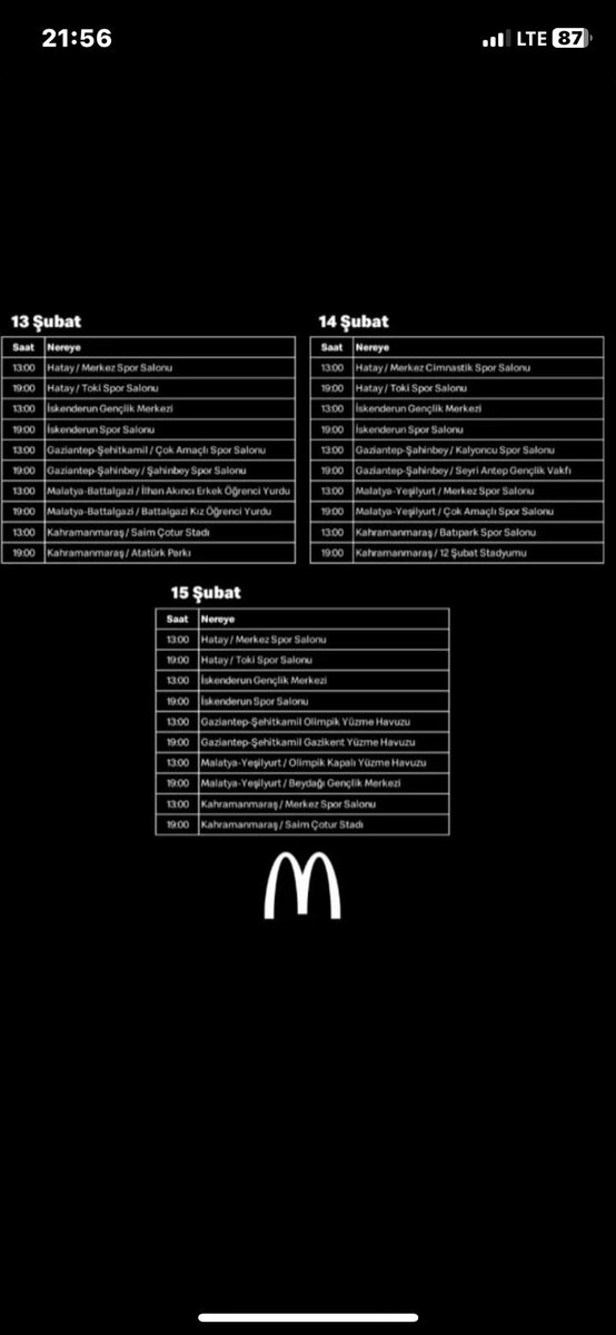 #deprem bölgelerinde <a href="/McDonaldsTR/">McDonald's Türkiye</a> ücretsiz gıda ihtiyacı sağlayacağı adres ve tarihler LÜTFEN YAYALIMM!!! <a href="/ahbap/">Ahbap</a> <a href="/OguzhanUgur/">Oğuzhan Uğur</a> <a href="/haluklevent/">Haluk Levent ( Ahbap Ekibi )</a> <a href="/BabalaTv/">BaBaLa TV</a> <a href="/PincTivi/">PincTv</a> <a href="/atadogann/">Ataberk Doğan</a> <a href="/ProfDemirtas/">Özgür Demirtaş</a> <a href="/tonjukuk/">Tonyukuk</a> <a href="/kayahasancan/">Hasan Can Kaya</a> #seferberlik #Destek