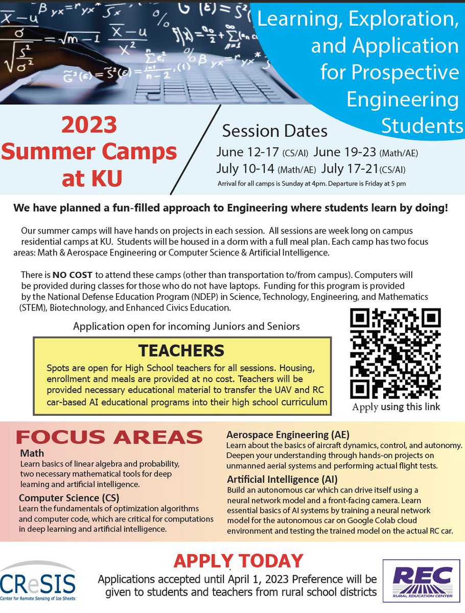 Current Sophomores and Juniors: Apply for a FREE engineering camp at KU this summer with our partners <a href="/CReSIS/">CReSIS</a>. k-state.edu/stem-career-ed…